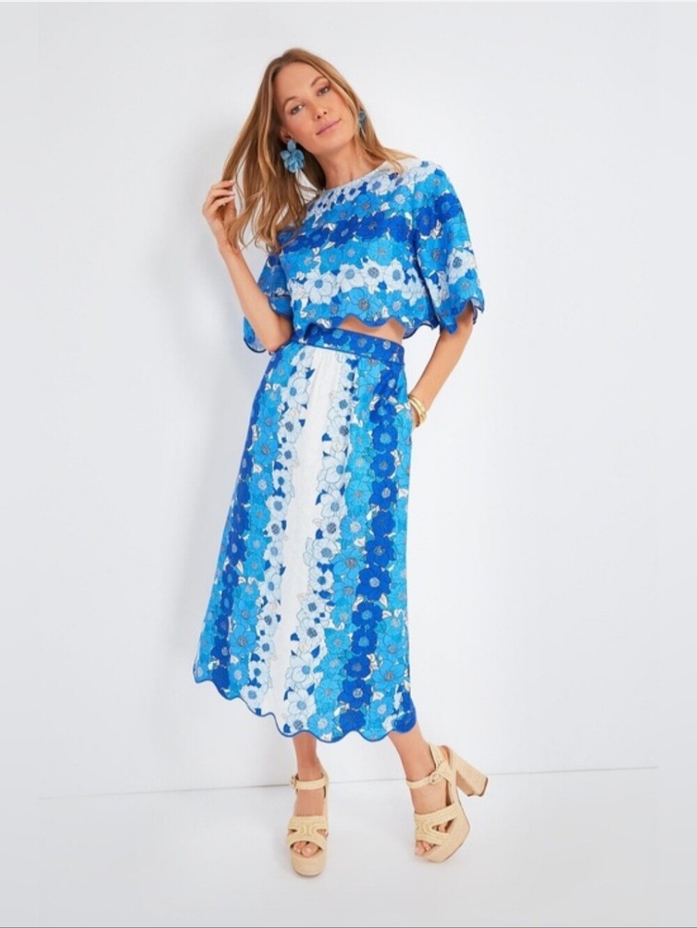 FARM Rio Blue Flower Stripes Linen Midi Skirt NWT Size Medium
